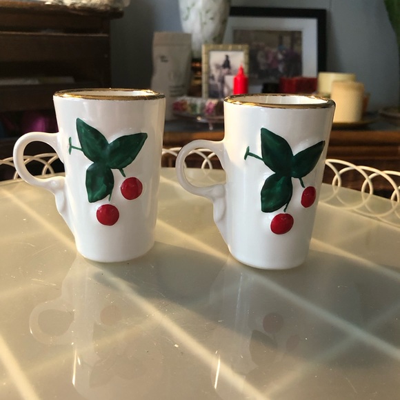 Two Red Cherry Motif Tall Espresso Mugs Cups, Ceramic - Picture 3 of 11